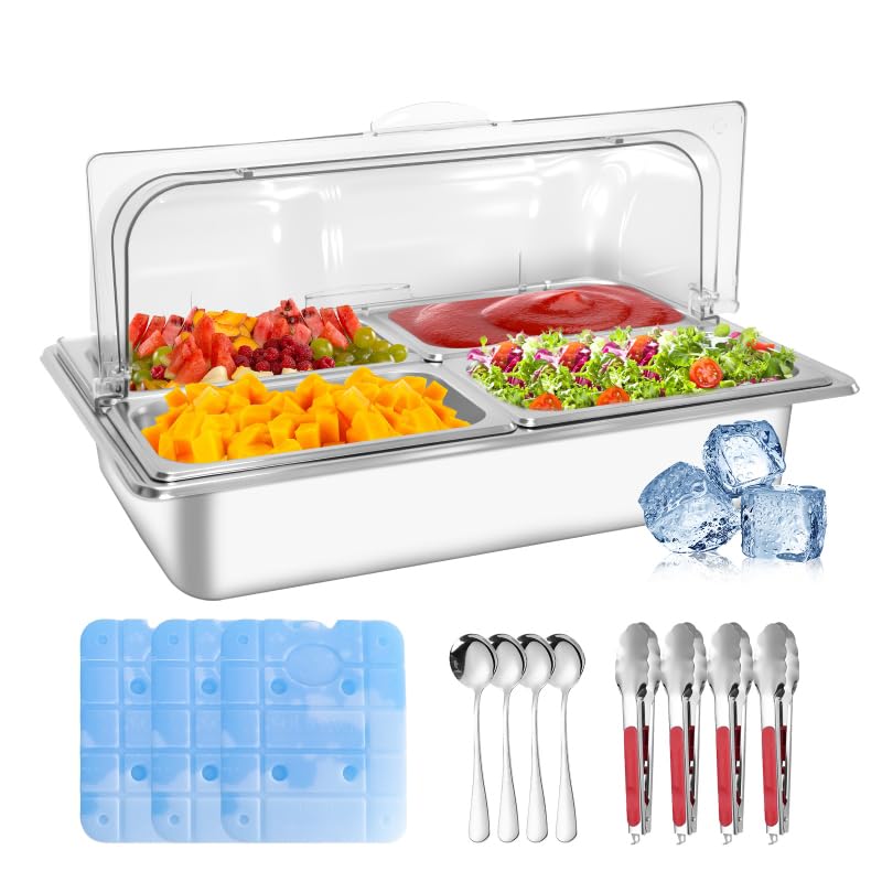 Enkreefi Countertop Ice Food Serving Display Tray with 4 Pan, Salad Bar Buffet Station for Home, Cold Food Buffet Server, Pizza Topping Station, Cold Buffet Table Serving Station for Party - Image 1