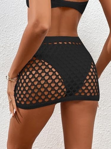 Falainetee Women's Hollow Out Crochet Beach Summer Cover Up Skirt High Waist Bikini Skirt Black M - Image 2