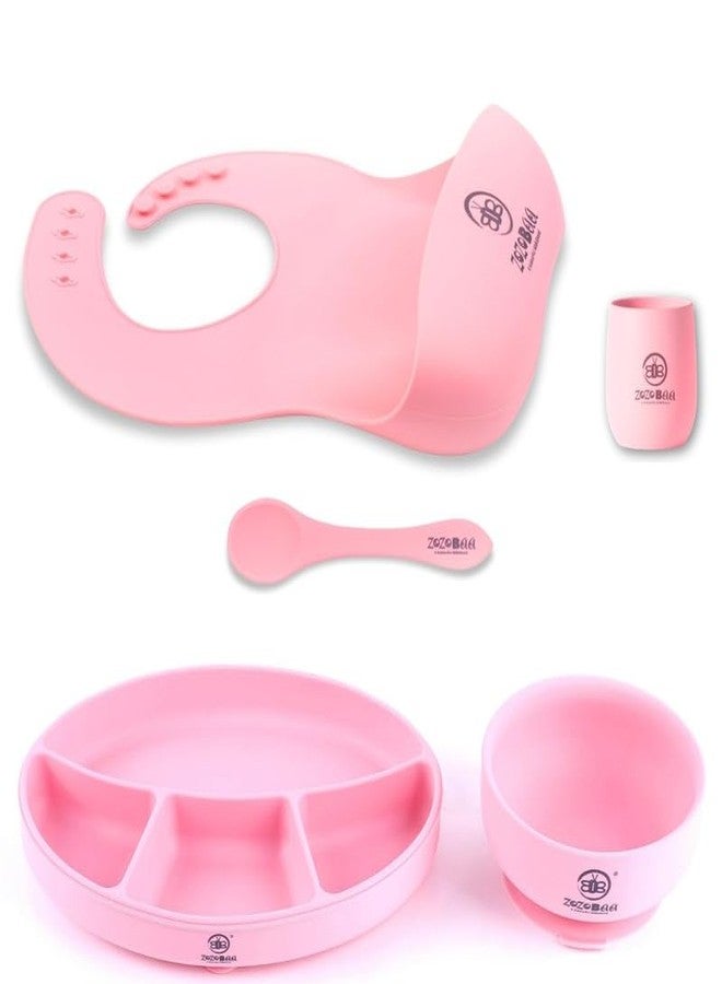ZoZoBaa Silicone Feeding Set Including Baby Bib,Long Spoon, Tiny Open Cup, Suction Base Oval Plate & Bowl for Toddler |Solid Cutlery Set| Easy Wipe Clean| Baby Weaning Sets (5 Pc), [Light-Pink] - Image 1