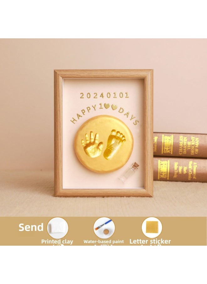Baby Full Moon Commemorative Hand And Foot Print Baby Handprint Footprint Photo Frame Newborn One Hundred Days Hand And Footprint Fetal Hair Souvenir-Specifications:8inch Oak Vertical Style (available Before Half A Year Old)  - Image 1