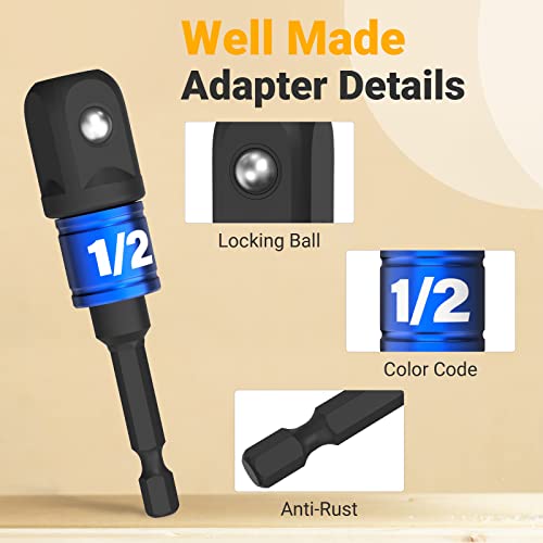 HANPURE Impact Socket Adapter Set for Drill - Tools for Men Gadgets 1/4" 3/8" 1/2" Impact Grade Driver Bit Set Extension Bit with Holder Ratchet Wrench Nut Hex Drive Adapter Hand Power Accessories Cool Stuff - Image 4