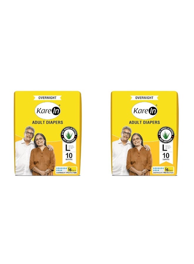 KareIn Overnight Adult Diapers, Large, Waist Size 101-139 Cm (40"-55"), 10 Count, Tape Style, High Absorbency, Odour Free,With Aloe Vera Lotion, Anti-Bacterial, ADL, Leak Proof, Pack of 2 - Image 1
