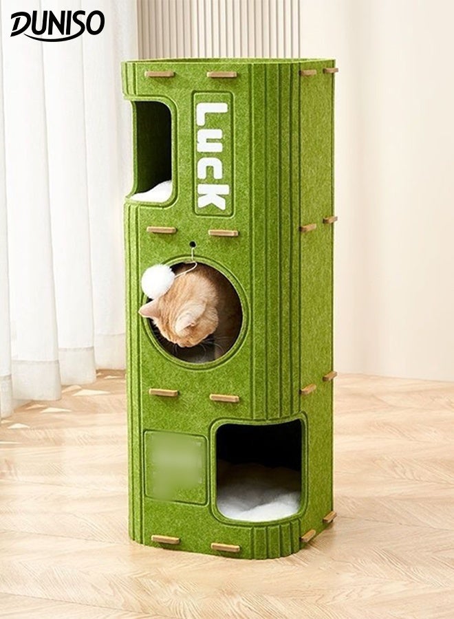DUNISO منزل قطط متعدد الوظائف 3 طبقات برج قطط كبير قابل للطي عش قطط شبه مغلق مع كرة فخمة مضادة للخدش سرير مريح للقطط الداخلية للتخييم والحديقة وغرفة المعيشة - Image 1