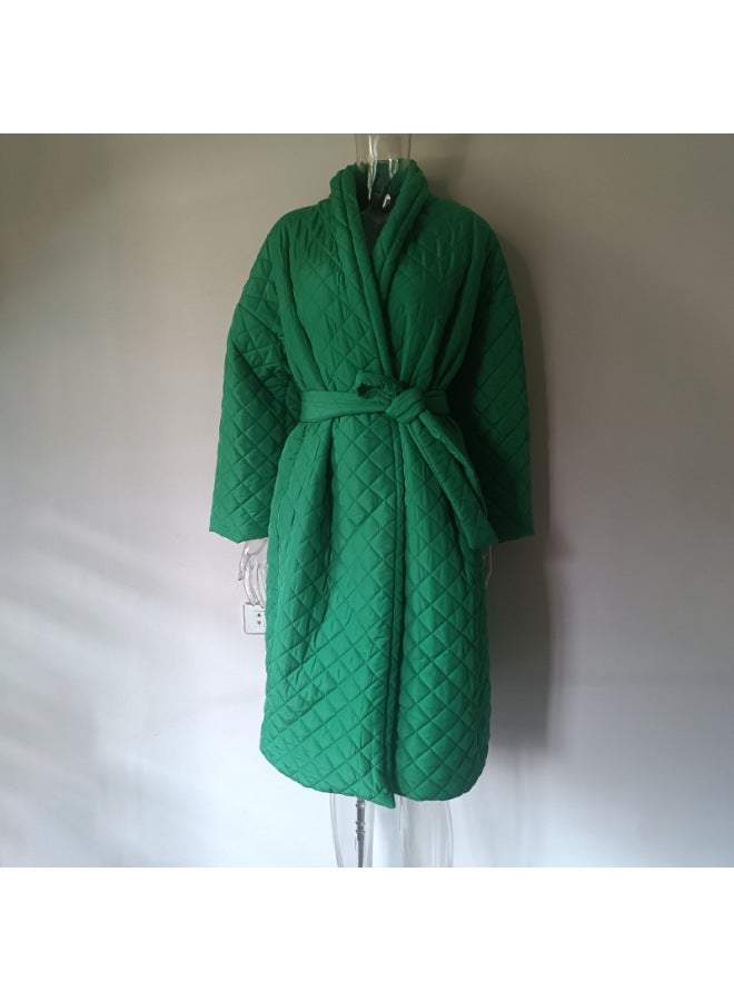 European And American Autumn And Winter Straight-cut Street-style Green Cotton Jacket With Lace-up Design, Pocket Design, Casual And Versatile