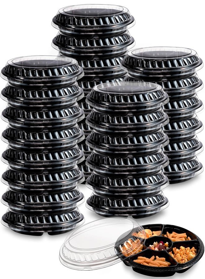 Bgtecho 30Pcs Plastic Appetizer Tray with Lid,Heavy Duty Veggie Fruit Snacks Trays,Disposable Food Storage Containers with 6 Divided Compartment,Round Appetizer Serving Tray for Party Buffet Salad Nut - Image 1