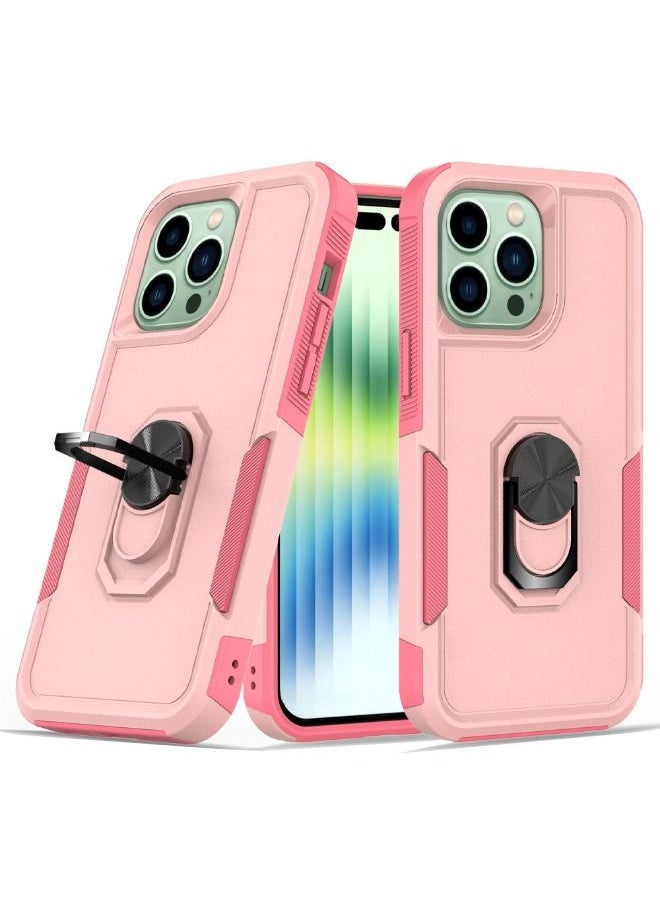 RUGGED SHIELD iPhone 15 Pro Case, Dual Layer Anti-Fall Heavy Duty Shockproof Full Body Protective Phone Cover, Built in 360° Rotatable Magnetic Ring Holder for Apple iPhone 15 Pro (Pink)  - Image 1
