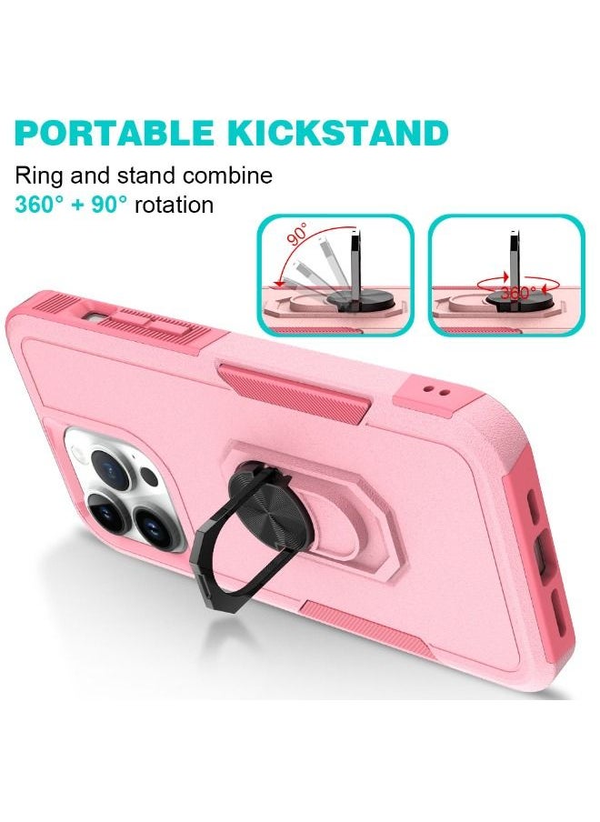 RUGGED SHIELD iPhone 15 Pro Case, Dual Layer Anti-Fall Heavy Duty Shockproof Full Body Protective Phone Cover, Built in 360° Rotatable Magnetic Ring Holder for Apple iPhone 15 Pro (Pink)  - Image 3