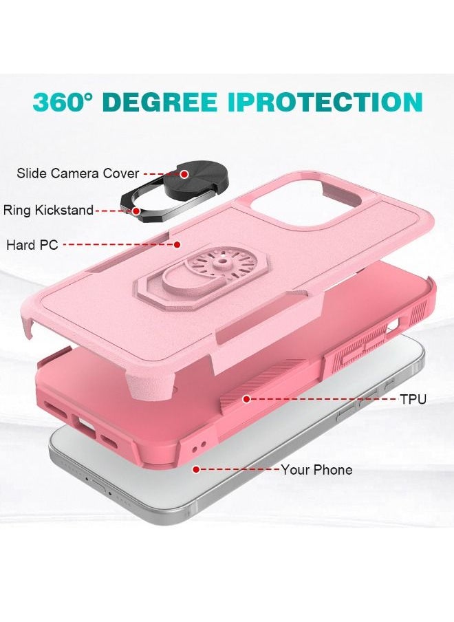 RUGGED SHIELD iPhone 15 Pro Case, Dual Layer Anti-Fall Heavy Duty Shockproof Full Body Protective Phone Cover, Built in 360° Rotatable Magnetic Ring Holder for Apple iPhone 15 Pro (Pink)  - Image 2