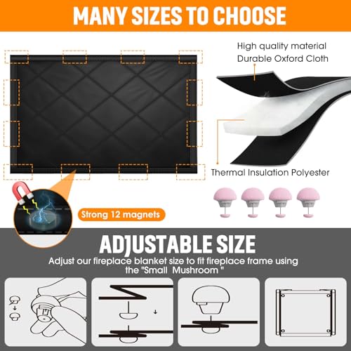 CADARA Magnetic Fireplace Draft Cover, Fireplace Blocker Blanket for Heat Loss, Indoor Fire Place Draft Stopper with 12 Magnets for Iron Frame Black 42" W x 32" H - Image 2