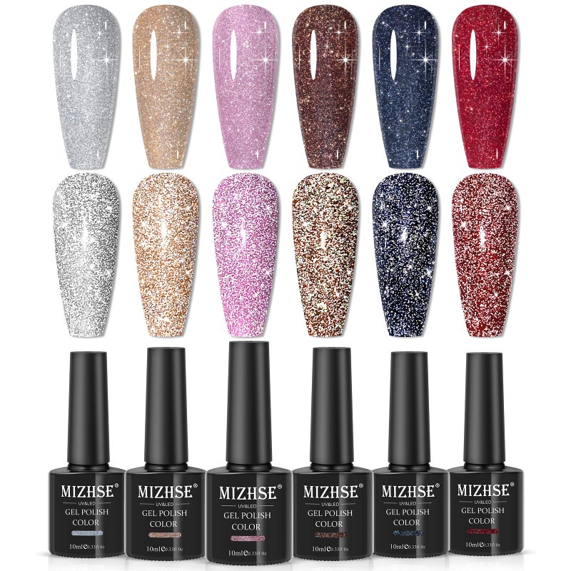 MIZHSE Reflective Glitter Gel Nail Polish, Shimmery Gel Polish Set 10ml Sparkly Shiny Gel Soak Off UV LED Nail Art Varnish Manicure Kit DIY at Home - Image 1