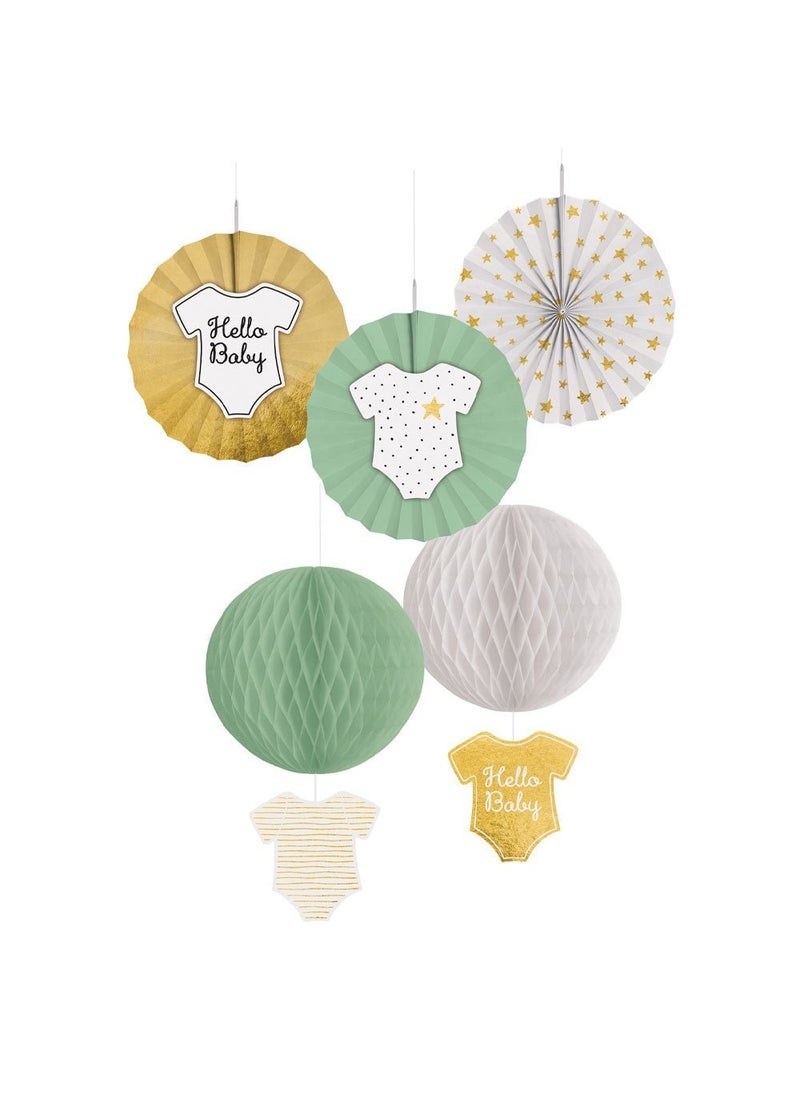زينة تعليق Hello Baby باللونين الأخضر والذهبي والأبيض 30 سم، عبوة من 5 قطع