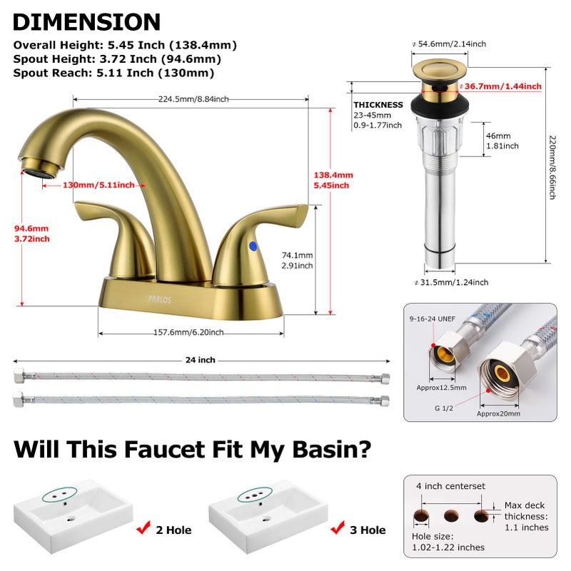 PARLOS 2-Handle Bathroom Sink Faucet with Drain Assembly and Supply Hose Lead-Free cUPC Lavatory Faucet Mixer Double Handle Tap Deck Mounted Brushed Gold,1359808 - Image 5