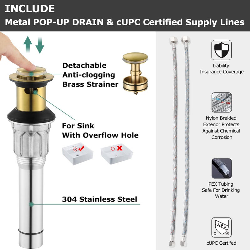PARLOS 2-Handle Bathroom Sink Faucet with Drain Assembly and Supply Hose Lead-Free cUPC Lavatory Faucet Mixer Double Handle Tap Deck Mounted Brushed Gold,1359808 - Image 4