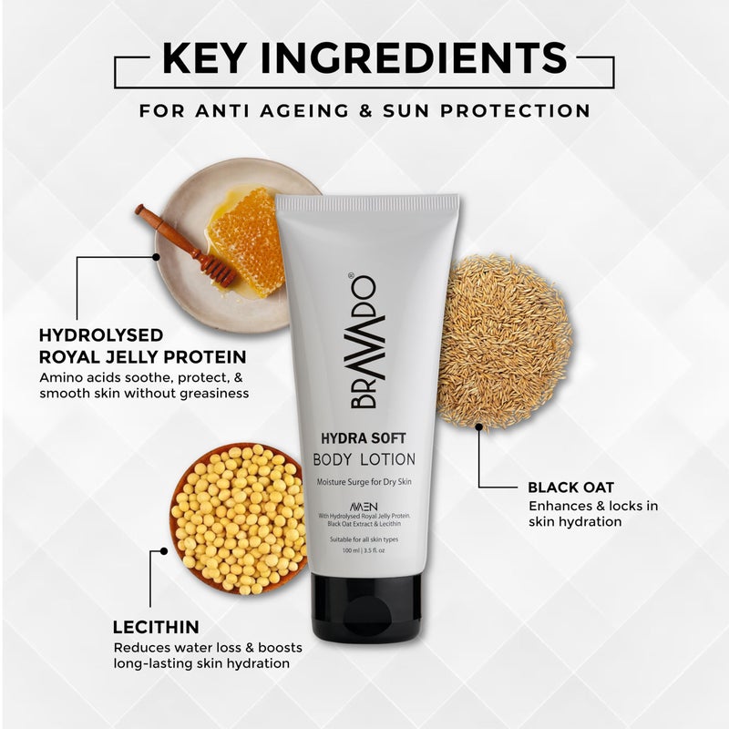 BRAVADO Hydra Soft Body Lotion with SPF | Deep Moisturizing & Nourishing | Soothing, anti-aging, & Anti Irritant Skin | Repair Rough, Dry Skin | Body Cream, Moisturizing Cream, Jelly Protein | 100ml - Image 3