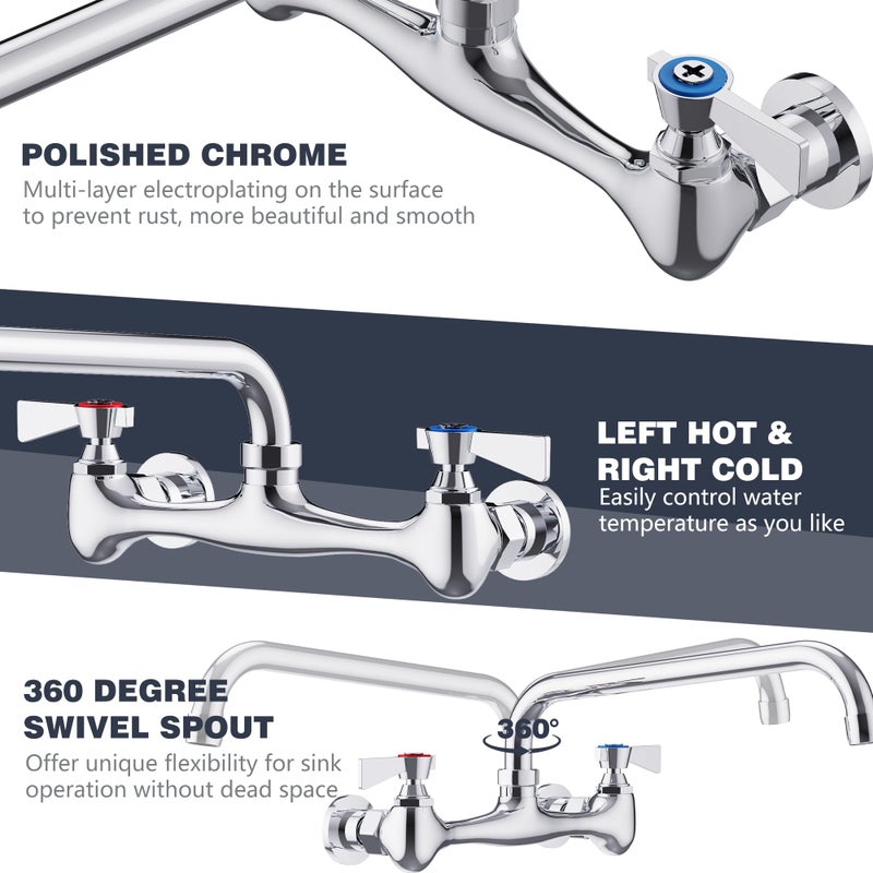 GIMILI Wall Mount Commercial Sink Faucet with 12  Swivel Spout Polish Chrome Brass Utility Sink Faucet for Kitchen Laundry Restaurant Industrial Compartment Sink(Include 90 Degree Adapters) - Image 2