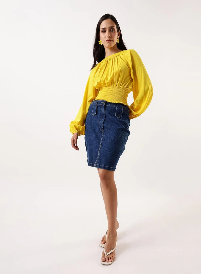 Dennis Lingo Sulphur Women's Sulphur Poly Crepe Solid T-Shirt Regular Fit Tops for Women | Best Price UAE