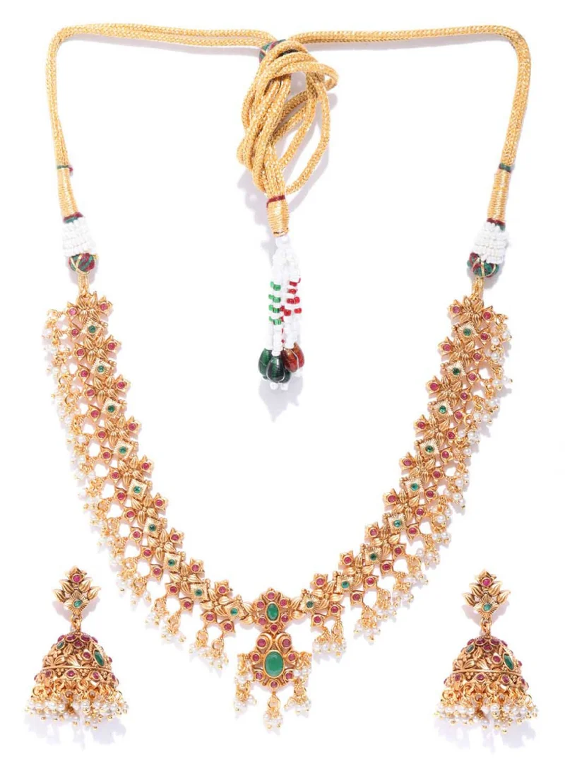 Priyaasi Maroon  Green Antique Stone-Studded Handcrafted Jewellery Set