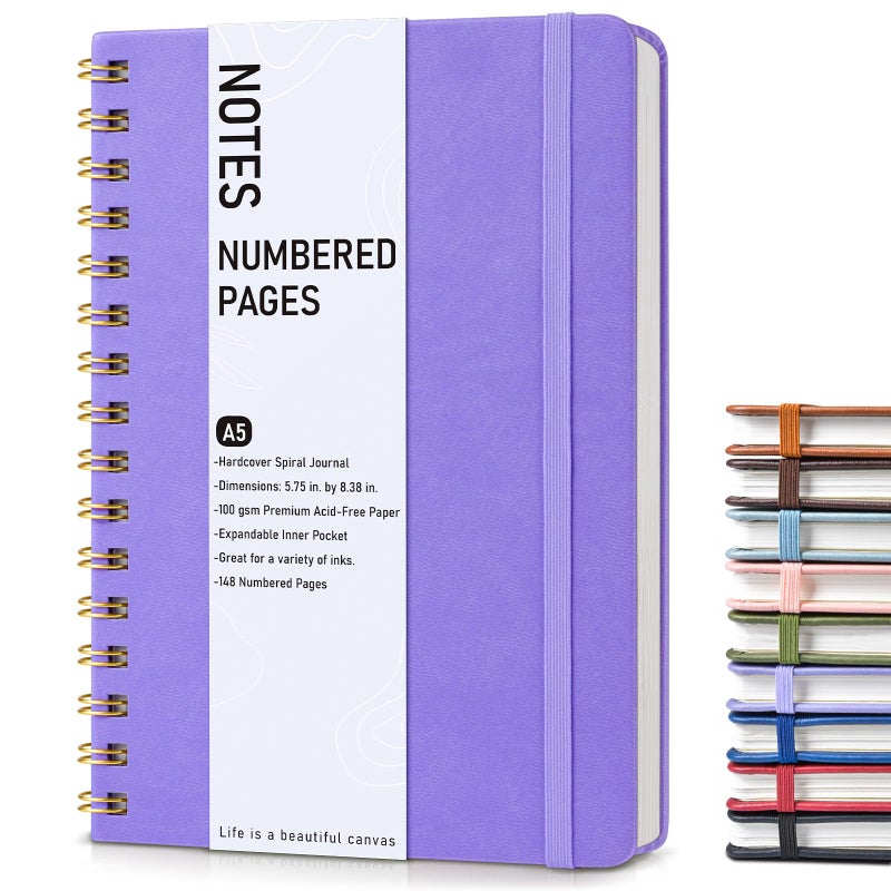 PAPEJOON Lined Spiral Journal Notebook, A5 Hardcover Spiral Journals for Women Men, 100 GSM Paper College Ruled Notebooks, 150 Pages Spiral Bound Notebook for Writing Note Taking Work 5.75" x 8.38" Purple - Image 1