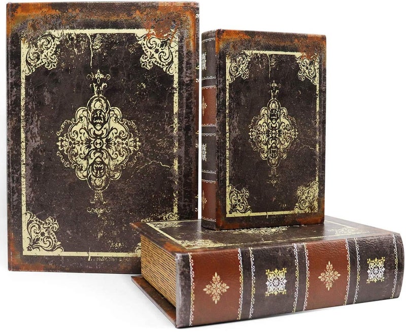 Jolitac Decorative Book Boxes Antique Style Magnetic Cover Wooden storage box Set of 3Dark Vintage