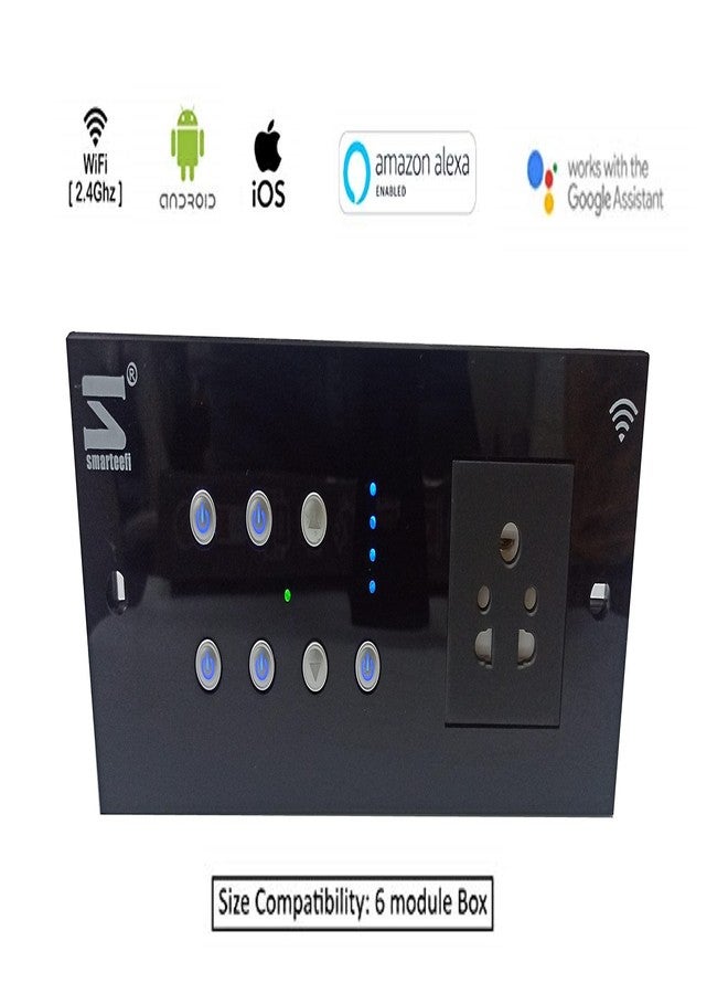 Smarteefi 5 port Wifi Smart Switch Board | Guaranteed Schedules | 3 Smart Switches, 1 Smart Plug, 1 Smart Fan Speed Control | Compatible With Alexa & Google Home (6Module-Horizontal, Black) - Image 2