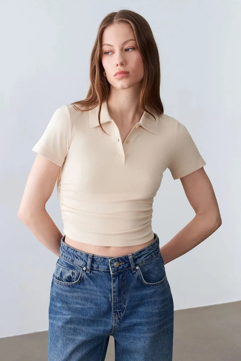 Dilvin Beige Natural DILVIN Women’s Crop Slim Fit Polo T-Shirt for Women | Best Price UAE