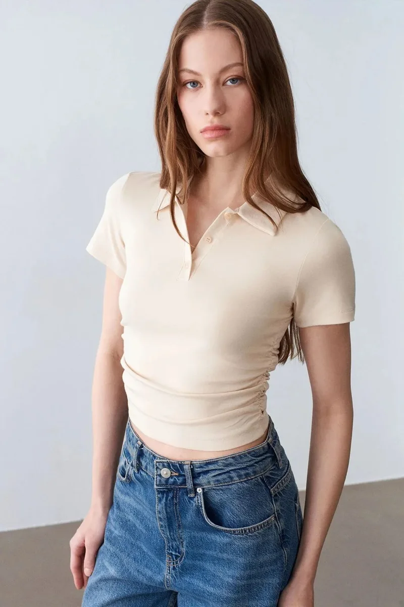 Dilvin Beige Natural DILVIN Women’s Crop Slim Fit Polo T-Shirt for Women | Best Price UAE