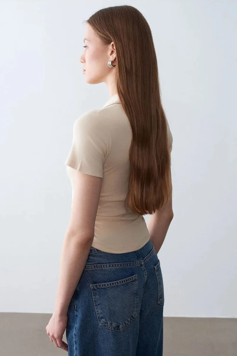 Dilvin Beige Natural DILVIN Women’s Crop Slim Fit Polo T-Shirt for Women | Best Price UAE