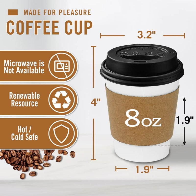 Ginkgo 100-Pack 8 oz Thickened Disposable Coffee Cups with Lids and Sleeves, To Go Cups for Hot Beverages, Perfect for Hot Coffee, Cocoa, and Chocolate - Image 4
