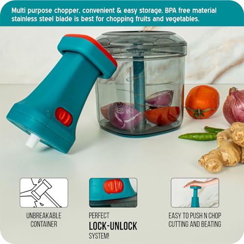Rylan Manual Hand Press Push Chopper with 6 Blades for Effortless Chopping Vegetables & Fruits (Assorted, 1000 ml, Plastic). - Image 2