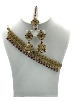 GOHONA GOHONA Royal Bling Bollywood Traditional Indian  Jewelry Necklace With Earrings Set and 1 Tikka in Maroon colour  - Image 1