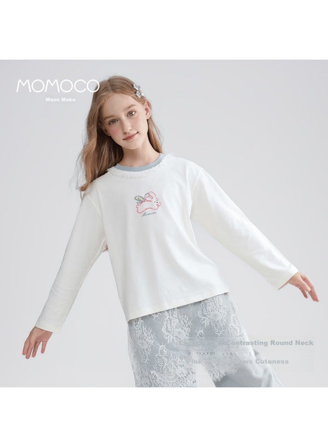 Momoco Girls' Long Sleeve T-shirt Spring And Autumn Pure Cotton Comfortable Stylish Ruffled Collar T-shirt Off-white Size 90