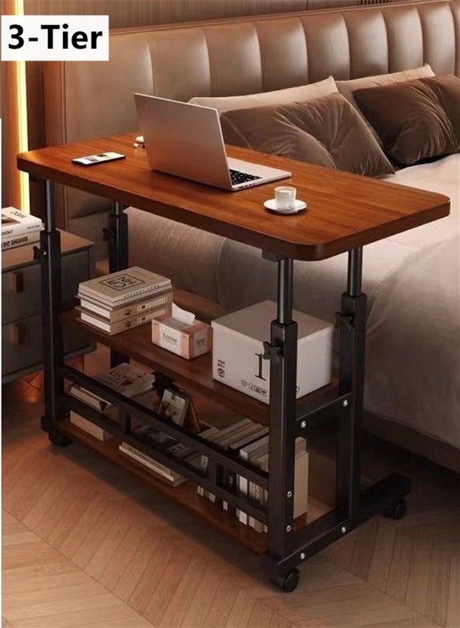 Kutis طاولة جانبية قابلة للتعديل في الارتفاع من كوتيس 3 طبقات طاولة نهاية طاولة قهوة للكنبة غرفة المعيشة غرفة النوم بجانب السرير مع عجلات فولاذية / لوح كثافة بني 80x40x85 سم. - Image 1