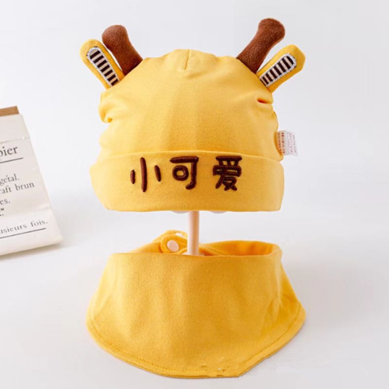 Cute Bear Cotton Baby Hat Scarf Set Autumn-Winter 0-12M Little cute yellow + saliva towel