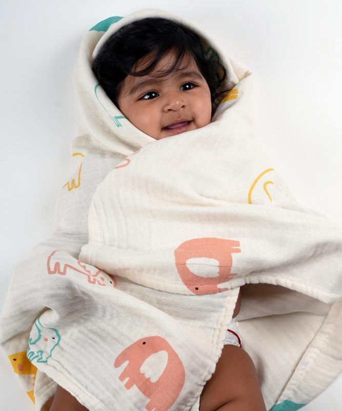 Doctor Towels, Bamboo Baby Swaddle Wrap for New Born, Muslin Towel for Baby, 75 x 75 cm, 300 GSM, Pack of 1 Towels for Newborn, Soft Baby Towels for 0 to 2 Years (Elephant) - Image 1