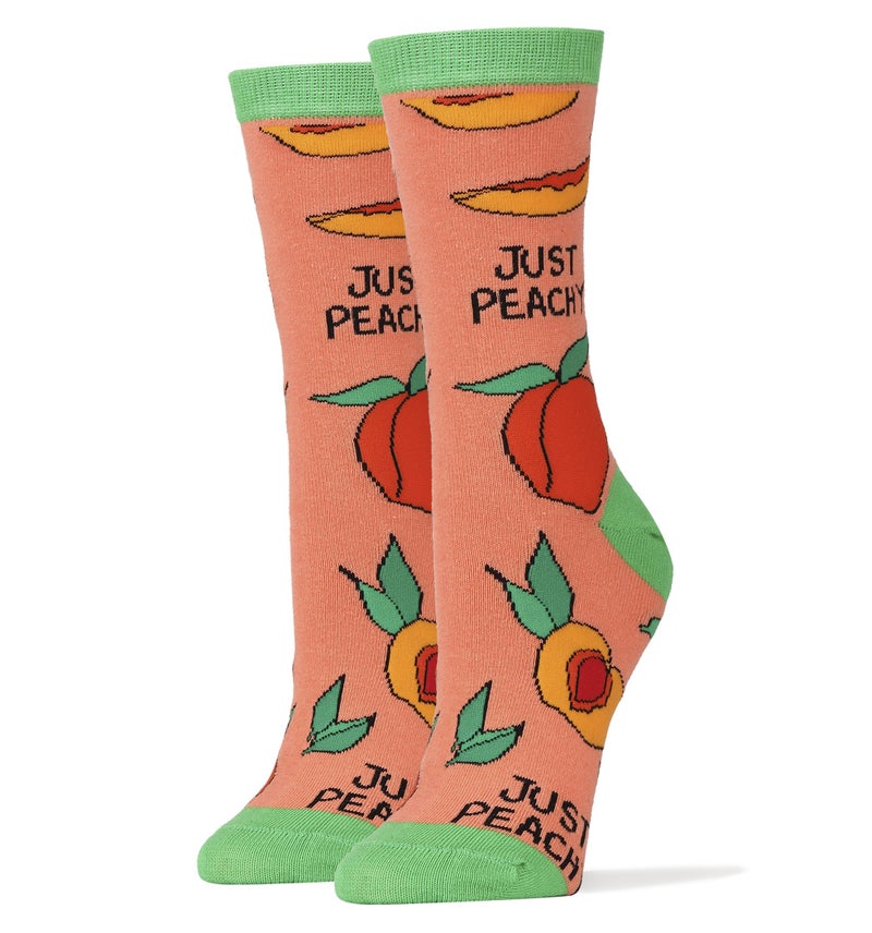 ooohyeah Women's Funny Fruit Crew Socks, Crazy Novelty Cotton Dress Socks Gift, Saying Peachy, Size 5-10 - Image 1