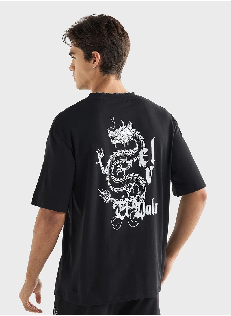 فاف Dragon Print T-shirt with Crew Neck and Short Sleeves