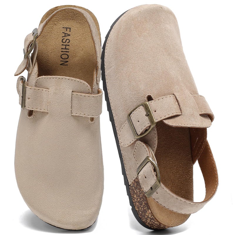 DDXYYDS Women's Suede Clogs with Back Strap Men's Cork Footbed Leather Mules Clogs for Women Comfort Memory Foam Slingback Clog Sandals with Adjustable Buckle Slip on Potato Shoes Beige - Image 1