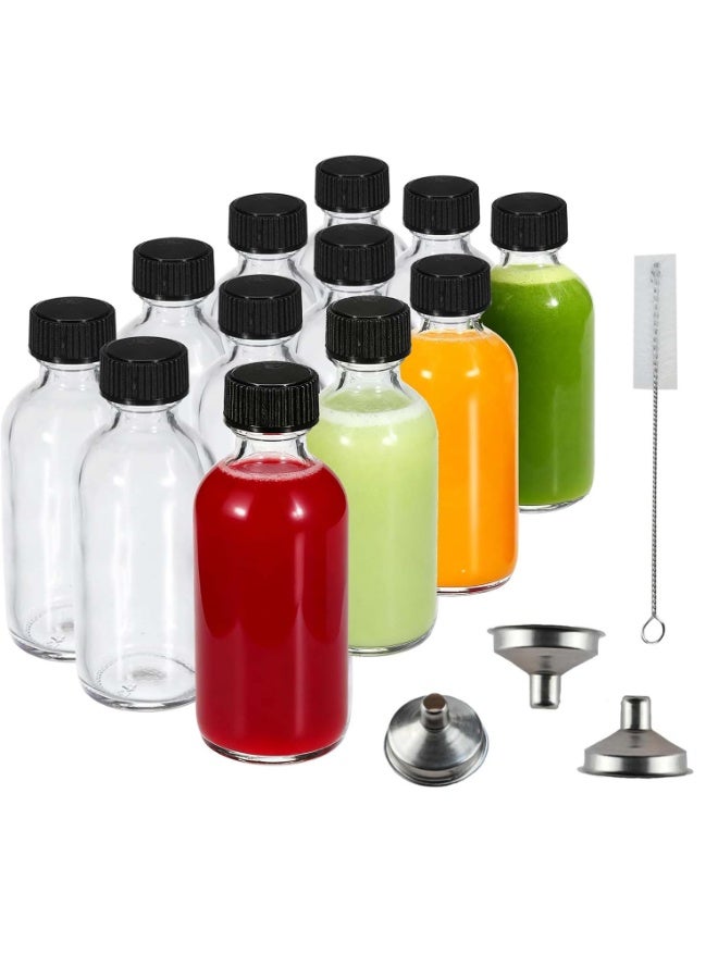 LYNLYN 12 Pack 2 oz (60ml) Small Clear Glass Bottles with Lids, Refillable Round Shot Bottles Include Funnels & Cleaning Brushes for Ginger Shots, Juices, Whiskey, Essential Oils, DIY Drinks - Image 1