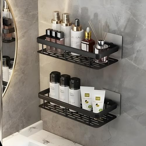 MorivaHomes Multipurpose Self-Adhesive Aluminium Bathroom Wall Mounted Storage Organiser Without Drill Shelf Holder/Rack/Bathroom Accessories (Pack of 2, Black) - Image 1