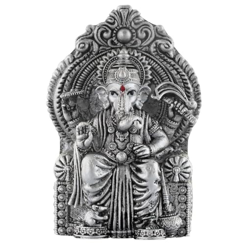 PRD CARATCAFE Silver Ganesha Murti for Car,Home & Office Pure 925 Solid Chandi Metal Idol of Lalbaug Raja Antique Look Gift Item, Ganesh Home Decor Statue - Image 1