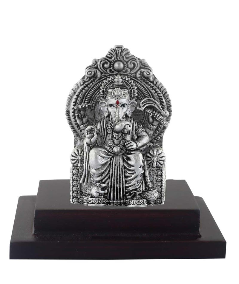 PRD CARATCAFE Silver Ganesha Murti for Car,Home & Office Pure 925 Solid Chandi Metal Idol of Lalbaug Raja Antique Look Gift Item, Ganesh Home Decor Statue - Image 4