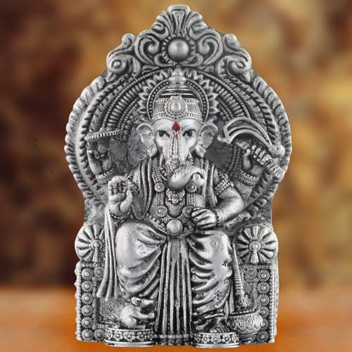 PRD CARATCAFE Silver Ganesha Murti for Car,Home & Office Pure 925 Solid Chandi Metal Idol of Lalbaug Raja Antique Look Gift Item, Ganesh Home Decor Statue - Image 2