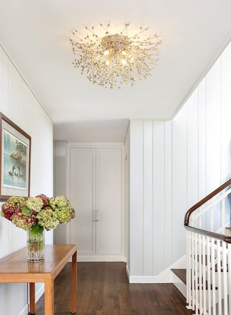 Ganeed Modern Wooden Beads Ceiling Light, 6-Lights Dandelion Firework Chandelier, Boho Sputnik Flush Mount Ceiling Light Close to Ceiling Lamp for Bedroom Kitchen Dining Room Foyer(Bulb Not Included) - Image 2