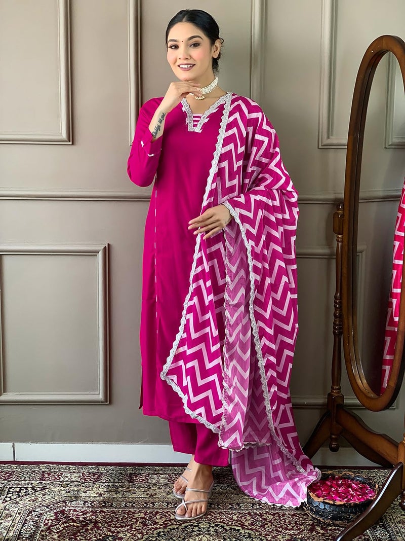 Naixa Women's Gajri Viscose Embroidered Straight Kurta with Viscose Pant and Chiffon Printed Dupatta Sets (NX-447-Gajri-XL) - Image 2