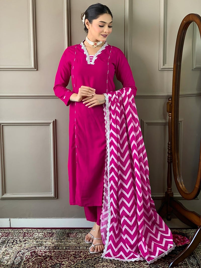 Naixa Women's Gajri Viscose Embroidered Straight Kurta with Viscose Pant and Chiffon Printed Dupatta Sets (NX-447-Gajri-XL) - Image 5