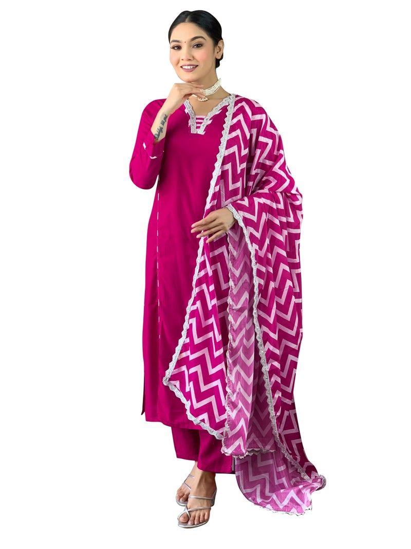 Naixa Women's Gajri Viscose Embroidered Straight Kurta with Viscose Pant and Chiffon Printed Dupatta Sets (NX-447-Gajri-XL) - Image 1