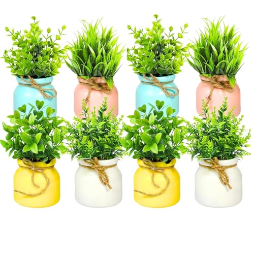 Dekorly Plastic 4pcs Artificial Pot Flowers Small Fake Plants with Pot Mini Potted Plants for House Office Tabletop Decoration (Pack of 8 Multi) - Image 1