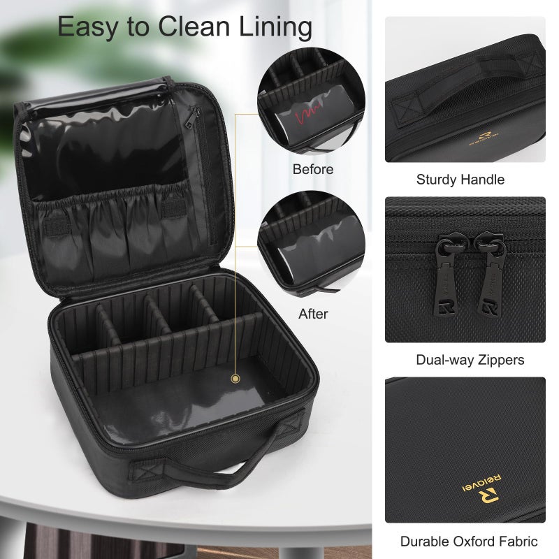Relavel Travel Makeup Train Case Makeup Cosmetic Case Organizer Portable Artist Storage Bag with Adjustable Dividers for Cosmetics Makeup Brushes Toiletry Jewelry Digital Accessories Black - Image 4