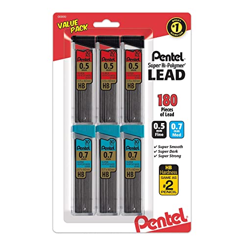 Pentel Super HiPolymer Lead Refills Value Pack 05mm and 07mm FineMedium Line HB Pack of 6 180 Pieces of Lead C257BPHB6 - Image 1