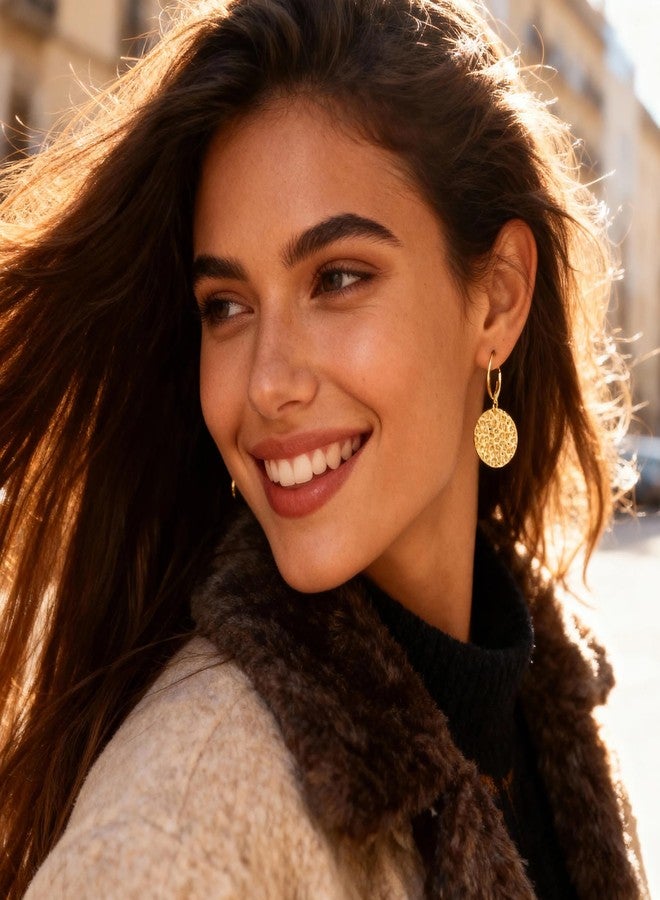 ALEXCRAFT Gold Hammered Dangle Earrings for Women, ALEXCRAFT 14K Goldplated Hammered Round Coin Drop Earring Hypoallergenic Lightweight Gold Coin Dangle Drop Leverback Earrings for Women Trendy Jewelry Gifts - Image 5